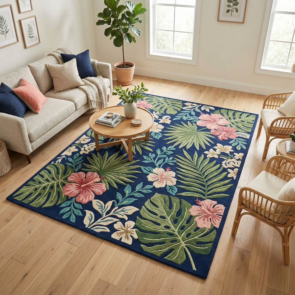Navy Tropical Botanical Hand-Tufted Wool Rug