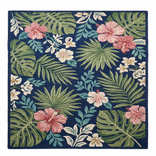 Navy Tropical Botanical Hand-Tufted Wool Rug