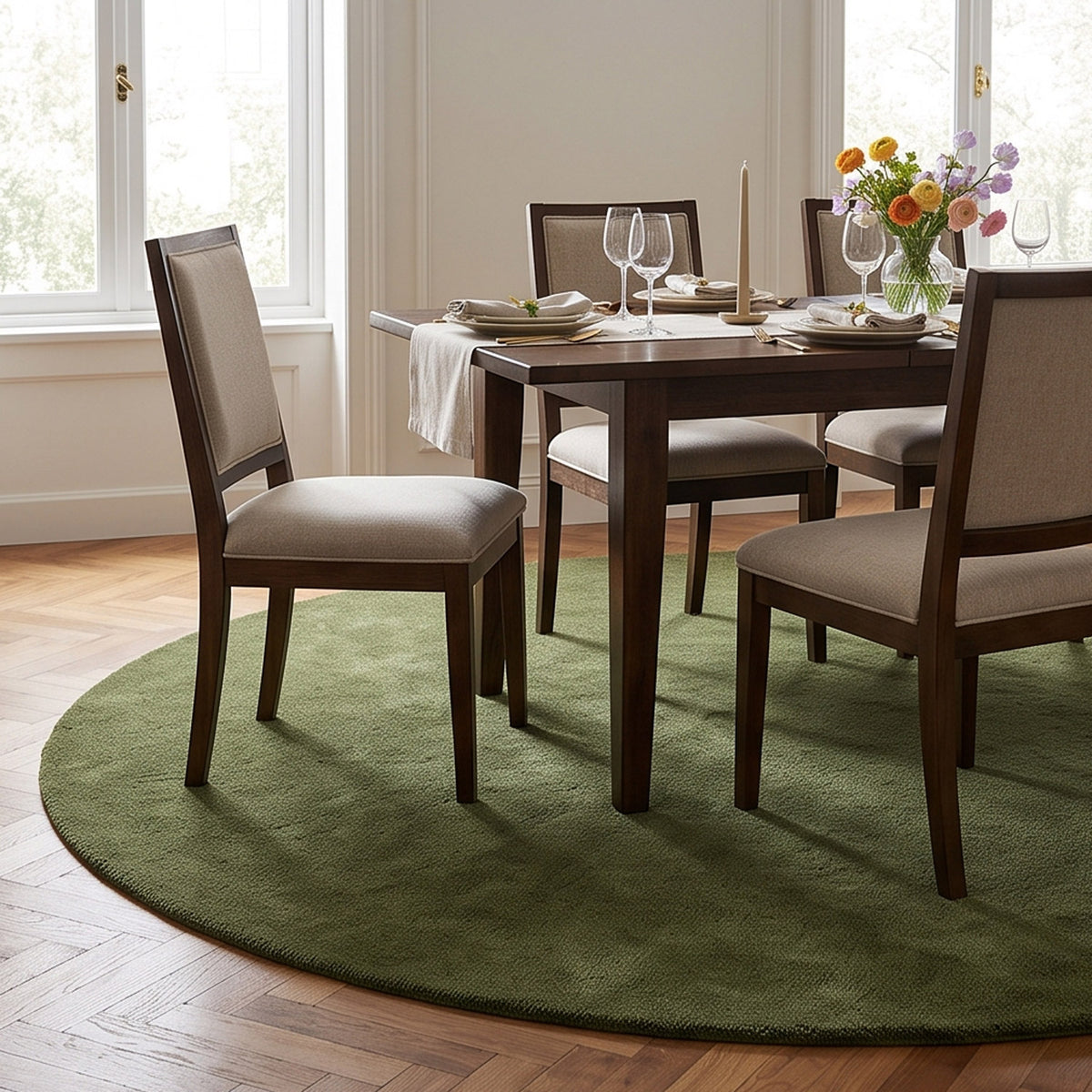 Olive Green Solid Round Hand-Tufted Wool Rug