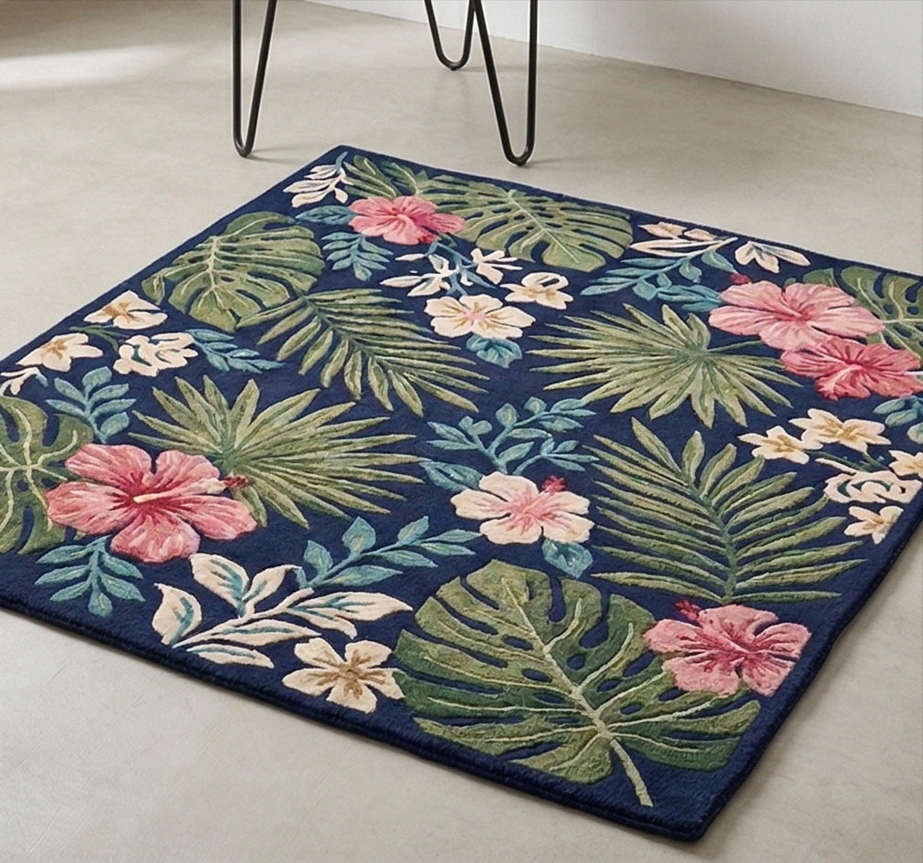 Navy Tropical Botanical Hand-Tufted Wool Rug