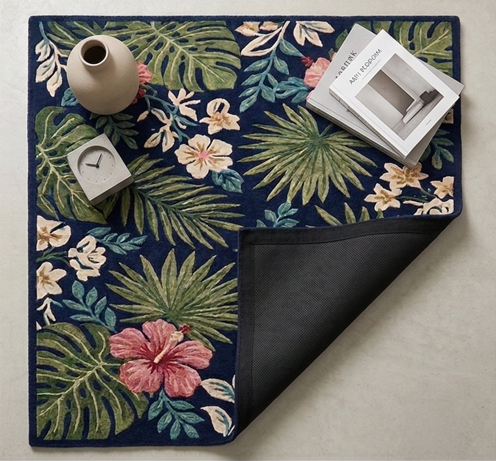 Navy Tropical Botanical Hand-Tufted Wool Rug